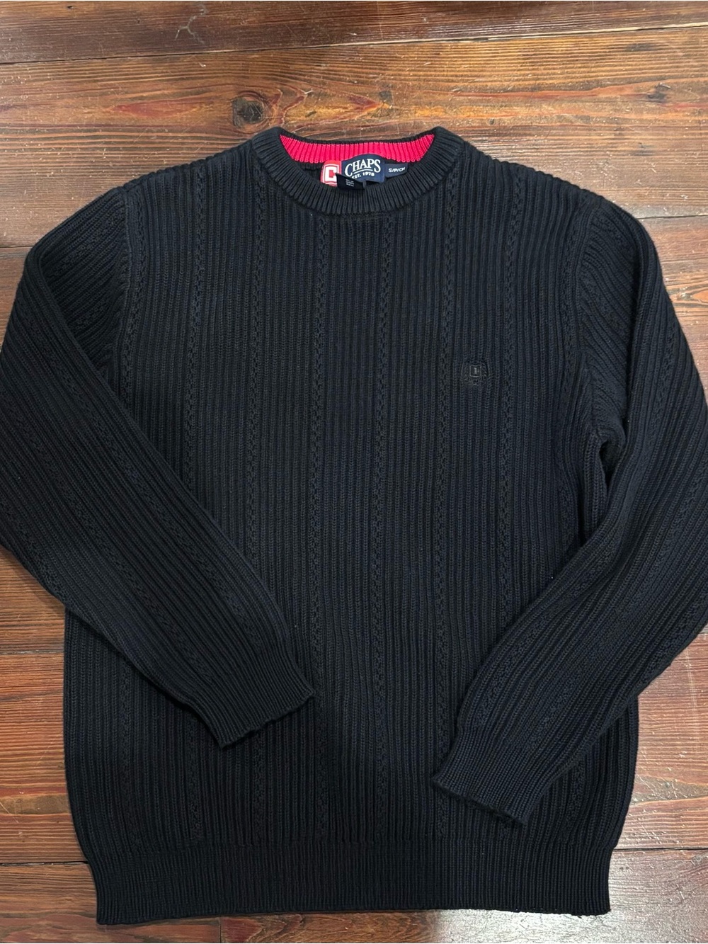 Vintage Chaps Men’s Black Cable Knit Crewneck Sweater with Red Collar Trim